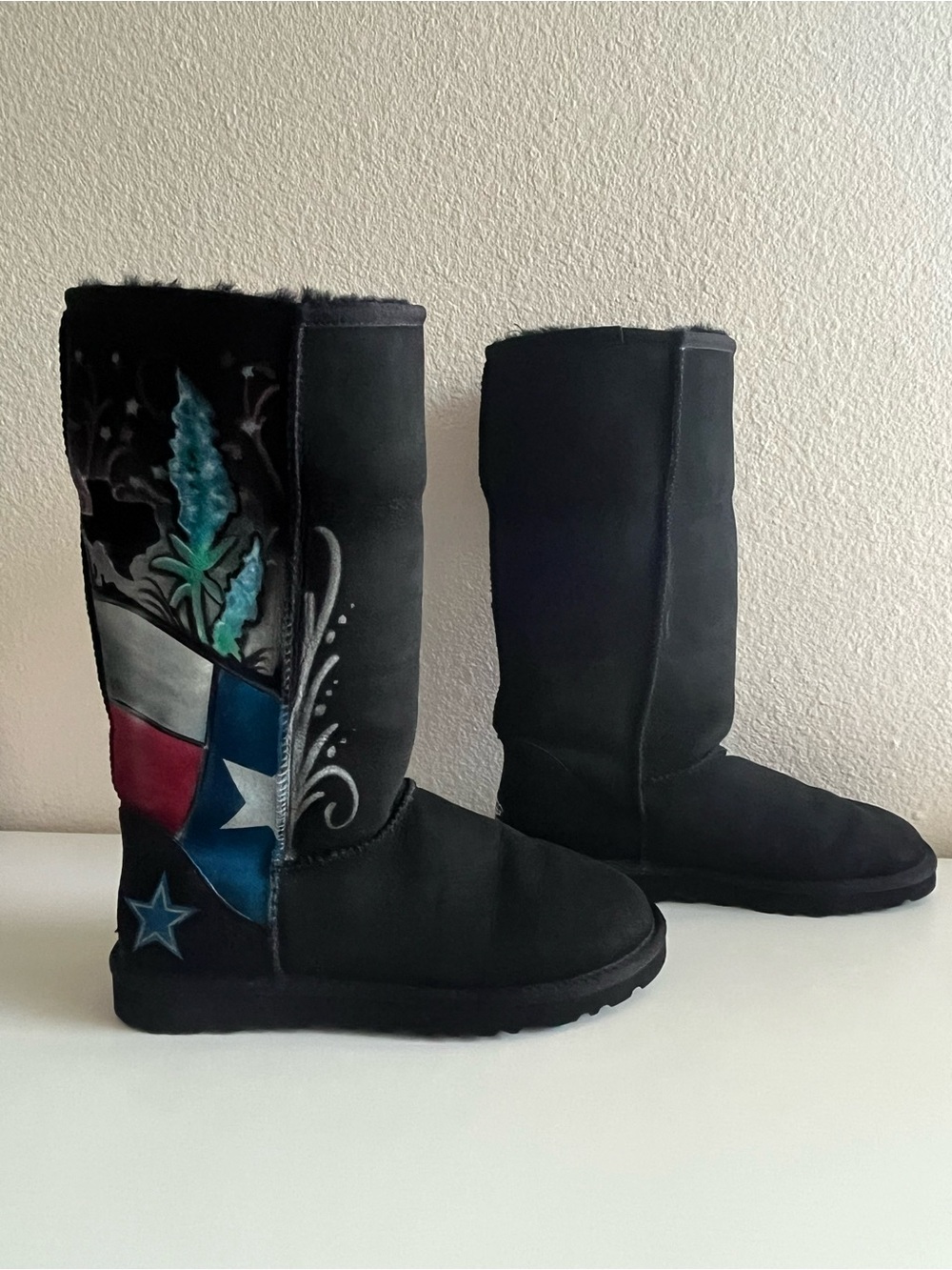 UGG Women’s Black Suede Tall Boots with Texas Flag Accent 9